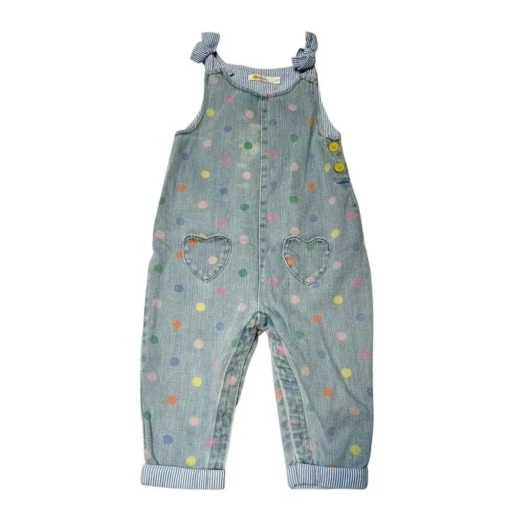 Baby Boden Light Blue Denim Polka Dot Heart Pocket Overalls